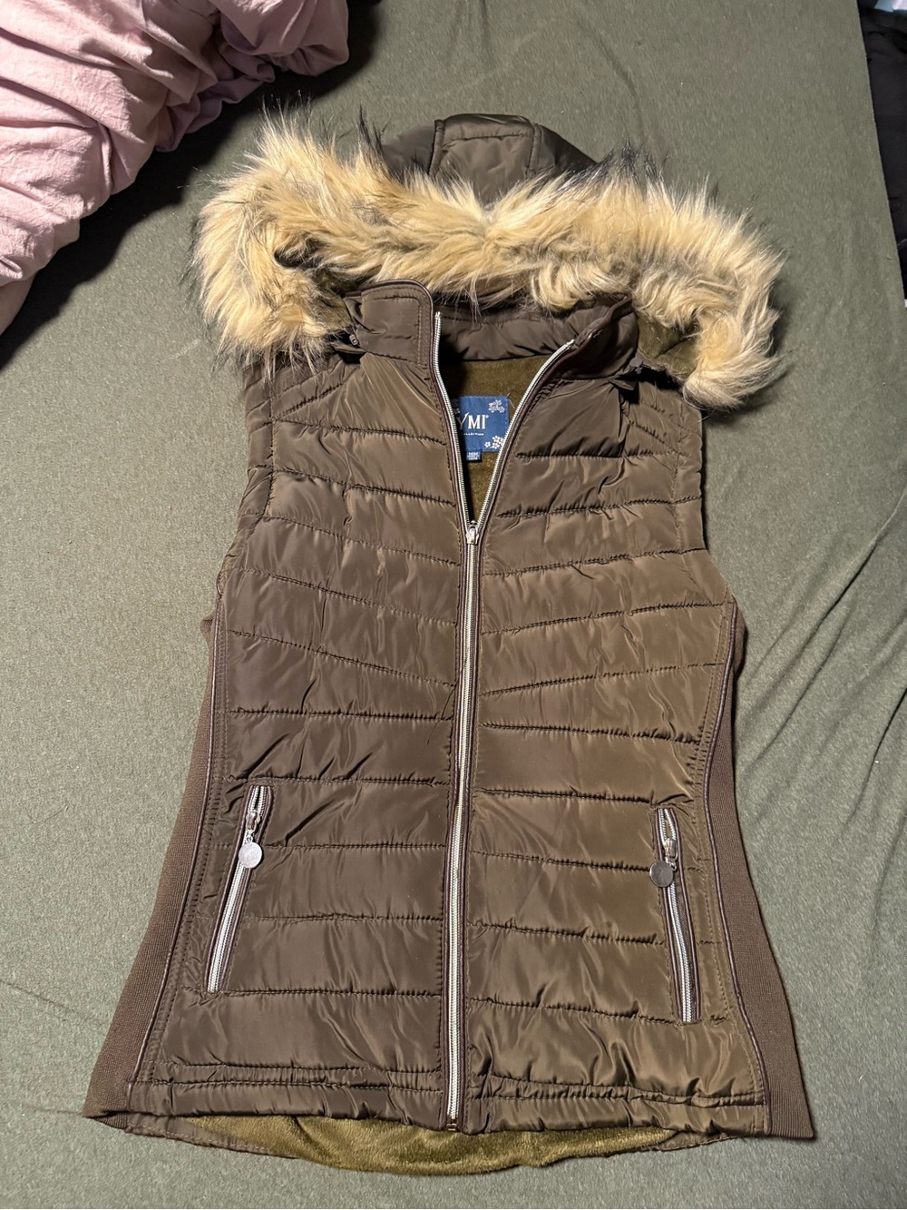 YMI Brown Quilted Puffer Jacket with Faux-Fur Trim